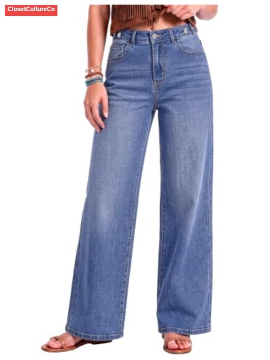 Denim - High Waisted Wide Leg Stretchy Baggy Denim Jeans